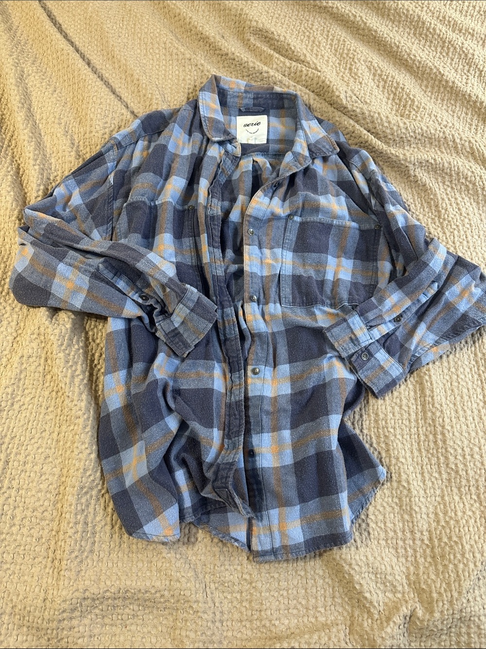 aerie Blue and Tan Plaid Button-Up Shirt